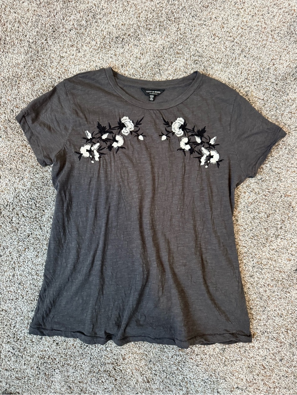 Lucky Brand Charcoal Tee with White & Black Floral Embroidery